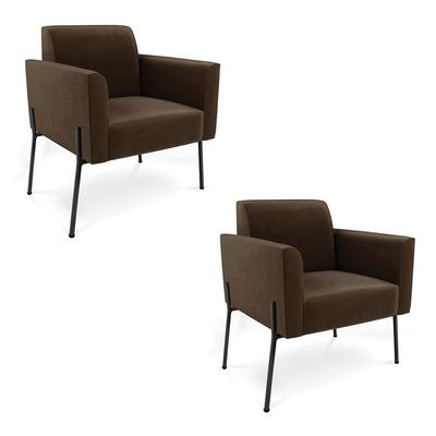 Poltrona Pé De Ferro Preto Para Sala Kit 2 Marisa Suede Marrom D03 - D'rossi