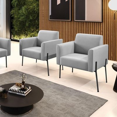 Poltrona Pé De Ferro Preto Para Sala Kit 2 Marisa Suede Cinza D03 - D'rossi