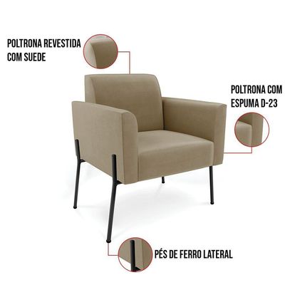Poltrona Pé De Ferro Preto Para Sala Kit 2 Marisa Suede Marrom Rato D03 - D'rossi