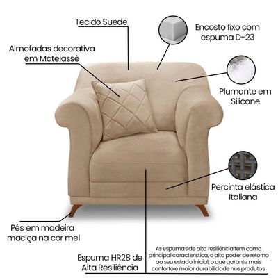 Poltrona Sala De Estar Pé De Madeira Julieta Suede S04 - D'rossi Cor Bege