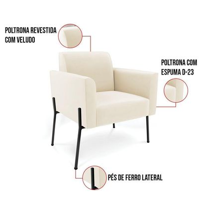 Poltrona Pé De Ferro Preto Para Estúdio Marisa Veludo D03 - D'rossi Cor Bege