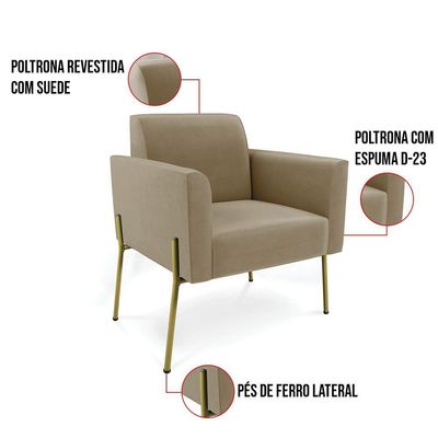 Poltrona Pé De Ferro Dourado Decorativa Kit 2 Marisa Suede D03 Marrom Rato