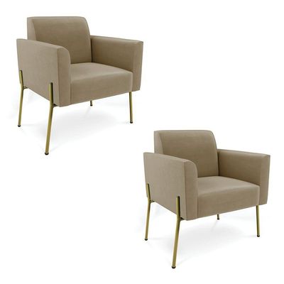 Poltrona Pé De Ferro Dourado Decorativa Kit 2 Marisa Suede D03 Marrom Rato