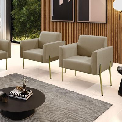Poltrona Pé De Ferro Dourado Decorativa Kit 2 Marisa Suede D03 Marrom Rato
