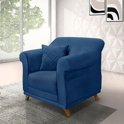 Poltrona Sala De Estar Pé De Madeira Julieta Suede S04 - D'rossi Cor Azul Marinho