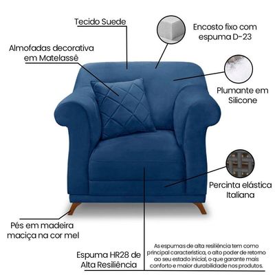 Poltrona Sala De Estar Pé De Madeira Julieta Suede S04 - D'rossi Cor Azul Marinho