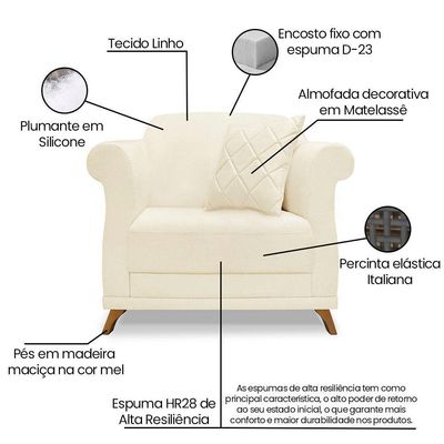 Poltrona Sala De Estar Pé De Madeira Julieta Linho Pérola S04 - D'rossi