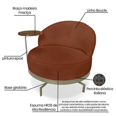 Poltrona Sala De Estar Base Giratória Dourada Aura Bouclê Marrom S04 - D'rossi