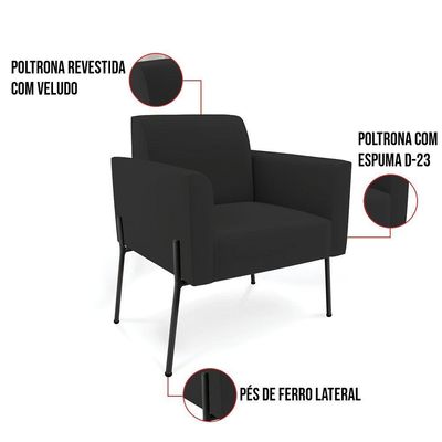 Poltrona Pé De Ferro Preto Para Estúdio Marisa Veludo Preto D03 - D'rossi