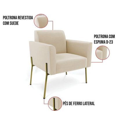 Poltrona Pé De Ferro Dourado Decorativa Kit 2 Marisa Suede Bege D03 - D'rossi