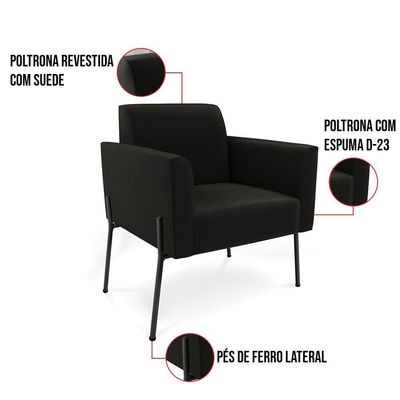 Poltrona Pé De Ferro Preto Para Sala Kit 2 Marisa Suede D03 - D'rossi Cor Preto