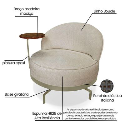 Poltrona Sala De Estar Base Giratória Dourada Aura Bouclê S04 - D'rossi Cor Bege