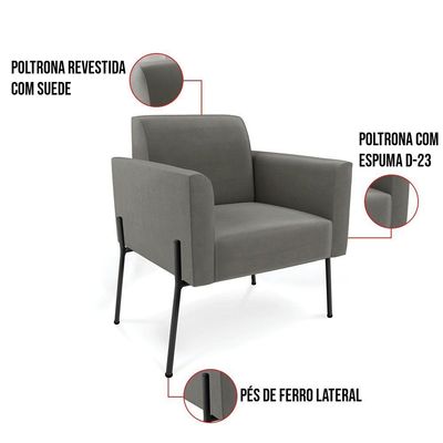 Poltrona Pé De Ferro Preto Para Sala Marisa Suede Grafite D03 - D'rossi