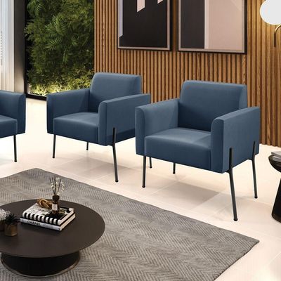 Poltrona Pé De Ferro Preto Para Sala Kit 2 Marisa Suede Azul Marinho D03 - D'rossi