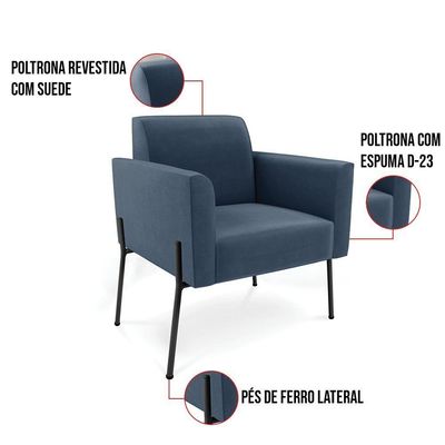 Poltrona Pé De Ferro Preto Para Sala Marisa Suede Azul Marinho D03 - D'rossi