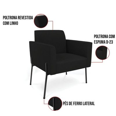 Poltrona Pé De Ferro Preto Kit 2 Decorativa Marisa Linho D03 - D'rossi Cor Preto