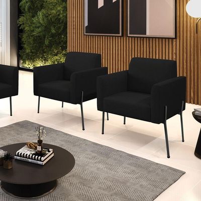 Poltrona Pé De Ferro Preto Kit 2 Decorativa Marisa Linho D03 - D'rossi Cor Preto