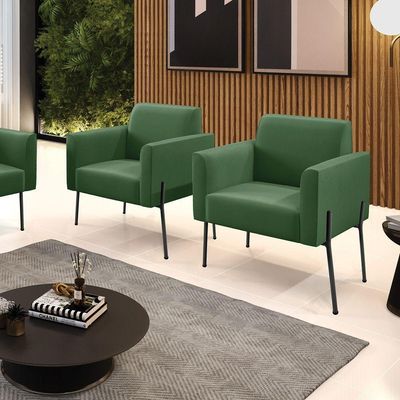 Poltrona Pé De Ferro Preto Para Sala Kit 2 Marisa Suede Verde D03 - D'rossi