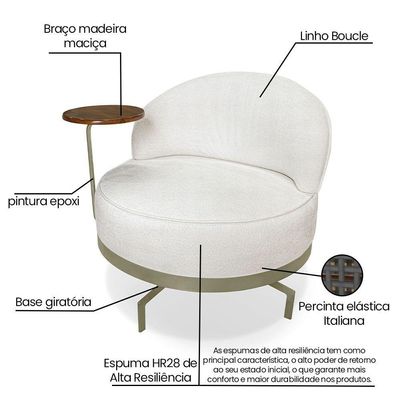Poltrona Sala De Estar Base Giratória Dourada Aura Bouclê Off White S04 - D'rossi
