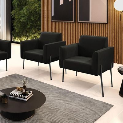 Poltrona Pé De Ferro Preto Para Sala Kit 2 Marisa Suede Preto D03 - D'rossi
