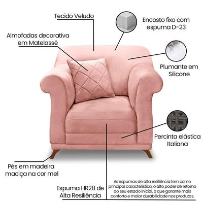 Poltrona Sala De Estar Pé De Madeira Julieta Veludo Rosa S04 - D'rossi