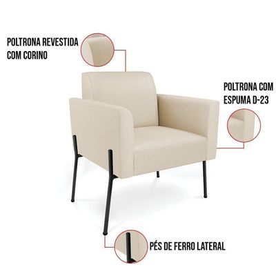 Poltrona Pé De Ferro Preto Kit 2 Para Recepção Marisa Corino Bege D03 - D'rossi