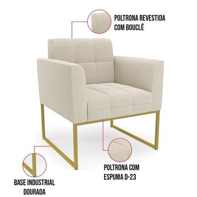 Poltrona Decorativa Industrial Dourado Kit 2 Elisa Bouclê D03 - D'rossi Cor Bege