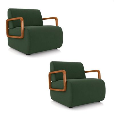 Poltrona Sala De Estar Braço De Madeira Kit 2 Hellen Veludo Verde Musgo K01 - D'rossi