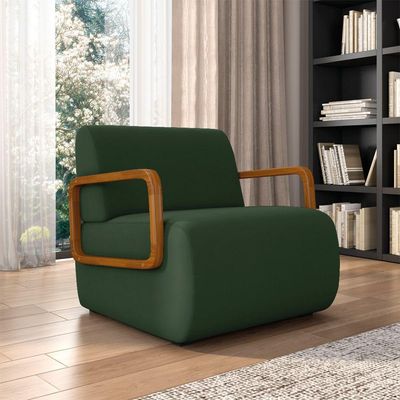 Poltrona Sala De Estar Braço De Madeira Kit 2 Hellen Veludo Verde Musgo K01 - D'rossi