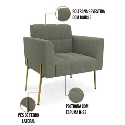 Poltrona Sala Estar Pé Ferro Dourado Kit 2 Elisa Bouclê Menta D03 - D'rossi