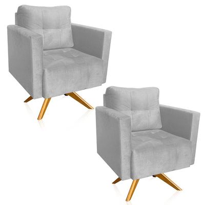 Kit 2 Poltronas Giratória Livia Suede Base De Madeira Ma30 - D'rossi Cor Cinza