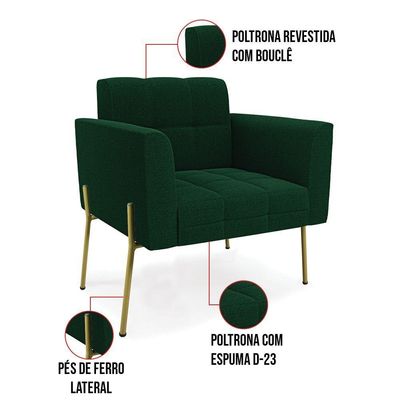 Poltrona Sala De Estar Pé De Ferro Dourado Elisa Bouclê Verde D03 - D'rossi