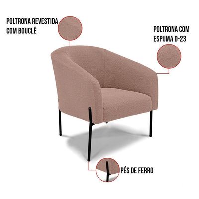 Poltrona Decorativa Pé De Ferro Preto Stella Bouclê Rosê D03 - D'rossi