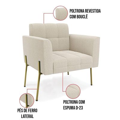 Poltrona Sala De Estar Pé De Ferro Dourado Elisa Bouclê D03 - D'rossi Cor Off White