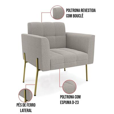 Poltrona Sala Estar Pé Ferro Dourado Kit 2 Elisa Bouclê Cinza D03 - D'rossi