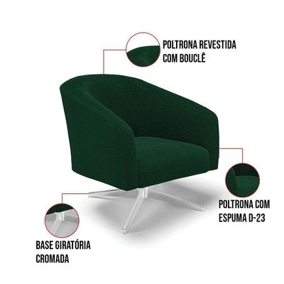Poltrona Decorativa Giratória Cromada Kit 2 Stella Bouclê Verde D03 - D'rossi