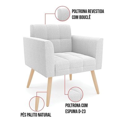 Poltrona Sala Estar Pé Palito Natural Kit 2 Elisa Bouclê Off White D03 - D'rossi