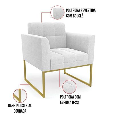 Poltrona Decorativa Industrial Dourado Kit 2 Elisa Bouclê Off Wte D03 - D'rossi