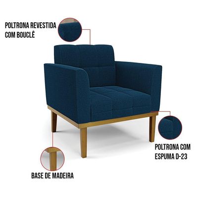 Poltrona Sala Base Madeira Fixa Castanho Kit 2 Elisa Bouclê Azul D03 - D'rossi