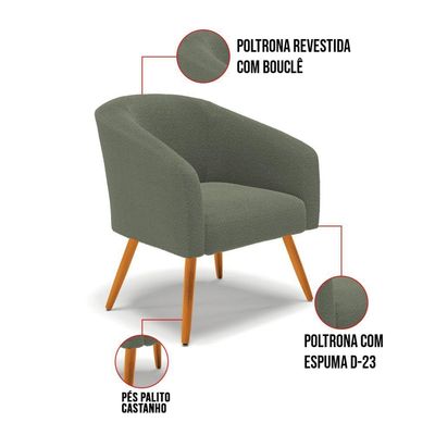 Poltrona Decorativa Pé Palito Castanho Stella Bouclê Menta D03 - D'rossi