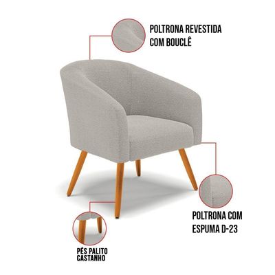 Poltrona Para Sala Pé Palito Castanho Kit 2 Stella Bouclê Cinza D03 - D'rossi