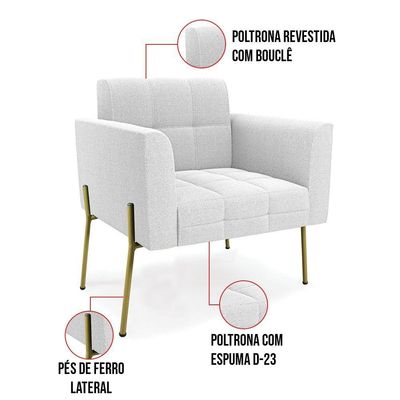 Poltrona Estar Pé Ferro Dourado Kit 2 Elisa Bouclê Off White D03 - D'rossi