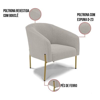 Poltrona Decorativa Pé Ferro Dourado Kit 2 Stella Bouclê Cinza D03 - D'rossi