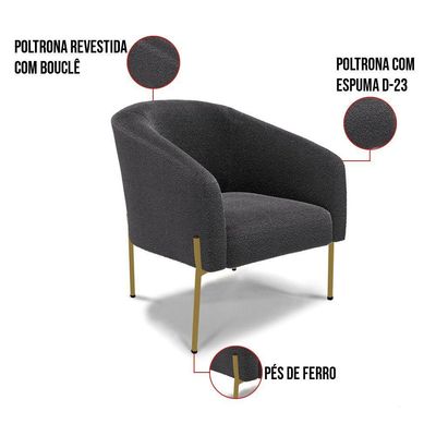 Poltrona Decorativa Pé De Ferro Dourado Stella Bouclê Grafite D03 - D'rossi