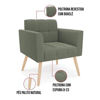 Poltrona Sala Estar Pé Palito Natural Kit 2 Elisa Bouclê Menta D03 - D'rossi