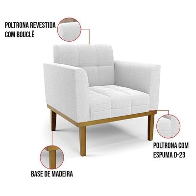 Poltrona Sala Base Madeira Fixa Castanho Kit 2 Elisa Bouclê D03 - D'rossi Cor Off White