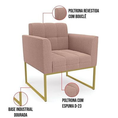 Poltrona Decorativa Industrial Dourado Kit 2 Elisa Bouclê Rosê D03 - D'rossi