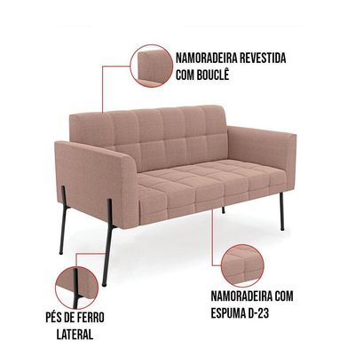 Namoradeira E 2 Poltronas Pé De Ferro Pto Elisa Bouclê Rosê D03 - D'rossi