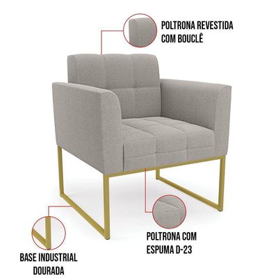 Poltrona Decorativa Industrial Dourado Kit 2 Elisa Bouclê Cinza D03 - D'rossi