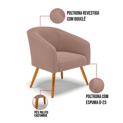 Poltrona Para Sala Pé Palito Castanho Kit 2 Stella Bouclê Rosê D03 - D'rossi